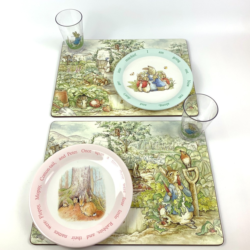 Pottery Barn Kids Peter Rabbit Set forβ 2 Cups 9" Plates (pink&green) Placemats